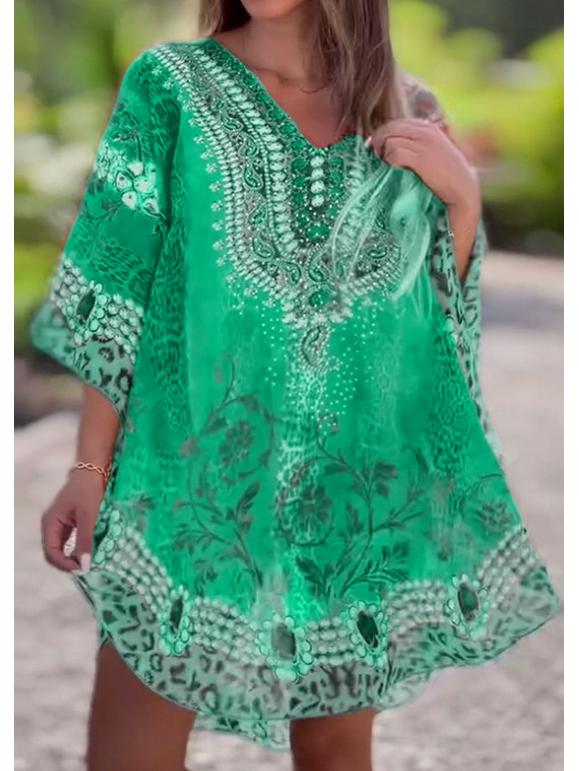 Spring V-Neck Ethnic Print Loose Shirt for Women