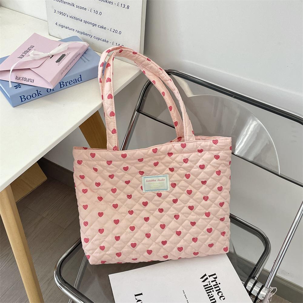 Quilted Cott Women's Handle Shoulder Bags Simple Plaid Heart Female Shopping Bag Large Capacity Grils Tote Shopper Handbags