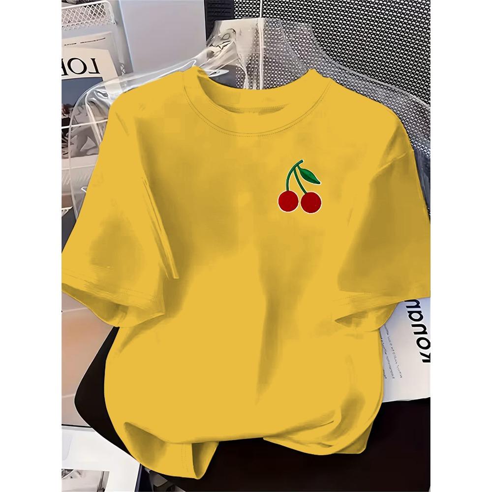 Cherry Pattern Summer New Women's Printed T-shirt Casual Fashion Elegant Round Neck Casual Women's Clothing