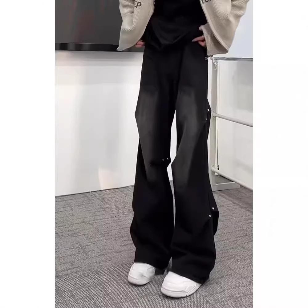 Black American scimitar jeans men's spring design pleated tooling pants high street vibe straight micro-pull pants