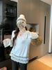 Women's 270g Thermal Fleece V-Neck Top with Lace Trim, Loose-Fit for Layering in Autumn/Winter