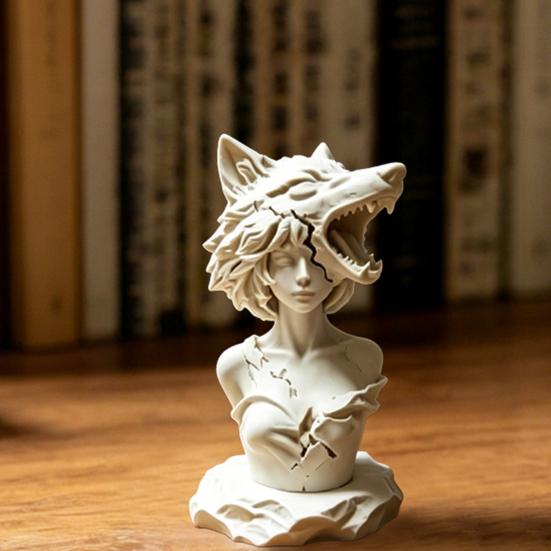 3D Printed Dark Wolf Girl Bust Sculpture, Wolf Head Design Compact Desktop Ornament for Study Esports Room Unique Gift Decor