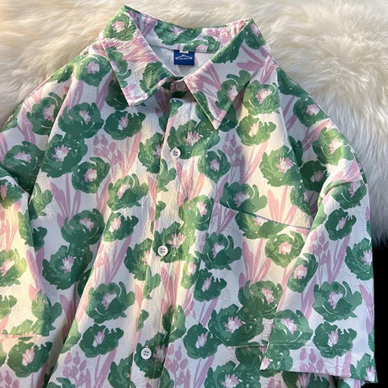 

Hawaiian Print Women s Short Sleeve Shirts American Retro Chic Pocket Shirt Loose Casual Vacation Style Summer Clothing M зелений