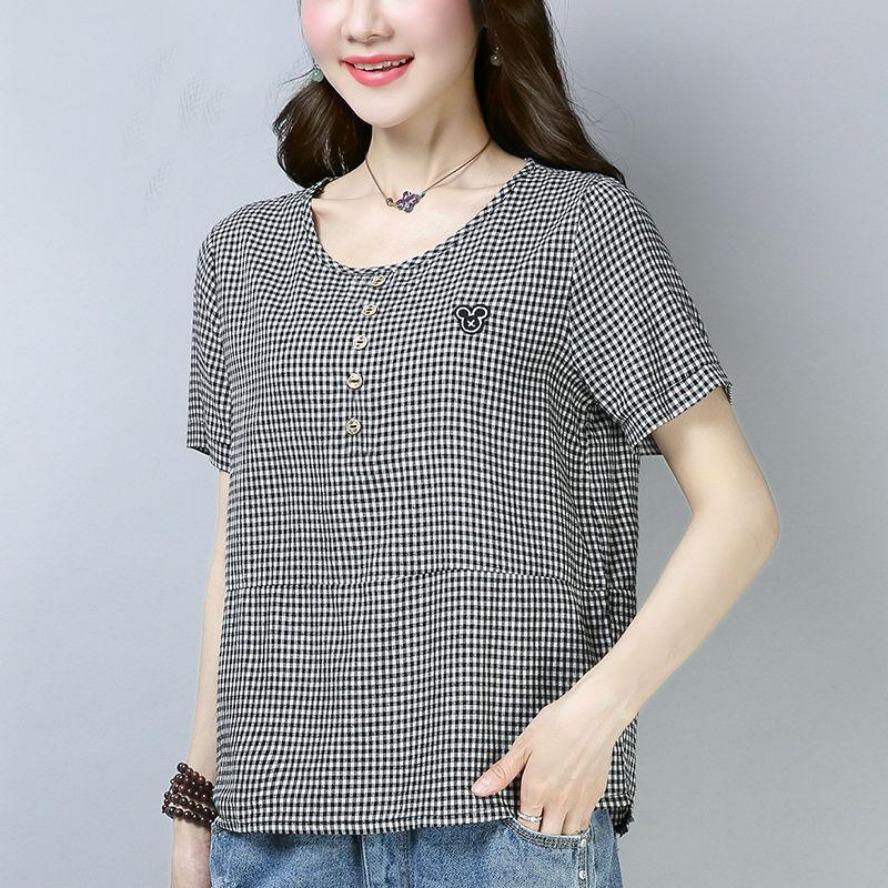 YYFS Women's Fashion Casual Summer Spring Plaid Print Short Sleeve O-Neck Blouses & Shirts