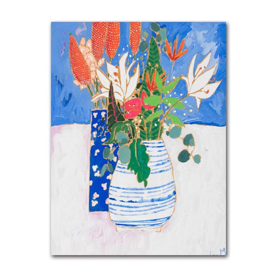Nordic Flower Leaf Colorful Vase Art Print Wall Poster Canvas Painting Retro Picture Modern Home Decor Bedroom Decoration