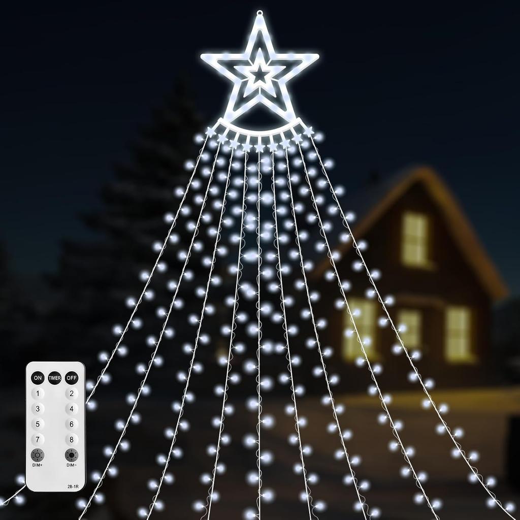 350 LED Christmas Decorations Star String Lights Waterproof Waterfall StarLights 8 Light Modes Remote & Timer,Waterproof Seasonal Lighting Decor for