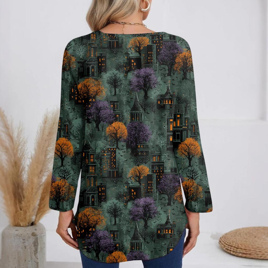 Damen Modisches Und Lässiges Halloween Bedrucktes T-Shirt Langärmlig V-Ausschnitt Mittellanges Oberteil