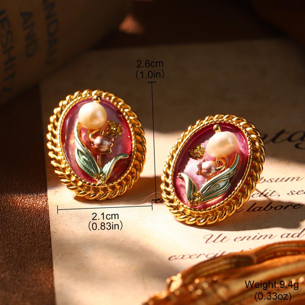 French court style natural pearl oil painting series niche high-end earrings retro new love geometric earrings women