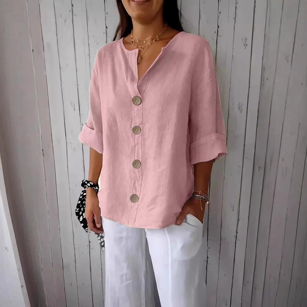 Summer Loose Shirt Women's V-Neck Cotton Linen Button Casual Shirts Solid Fashion Elegant Office Womens Clothing Blouse