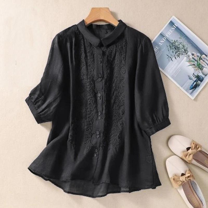 Camicia da donna in cotone con colletto a punta, manica corta, ricamo floreale, bottoni