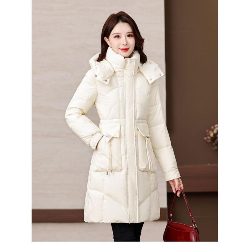 Winter Women Medium To Long Cotton Jacket Thickened Warm Casual Stand Collar Hooded Parker Coat Solid Color Warm Cotton Jacket