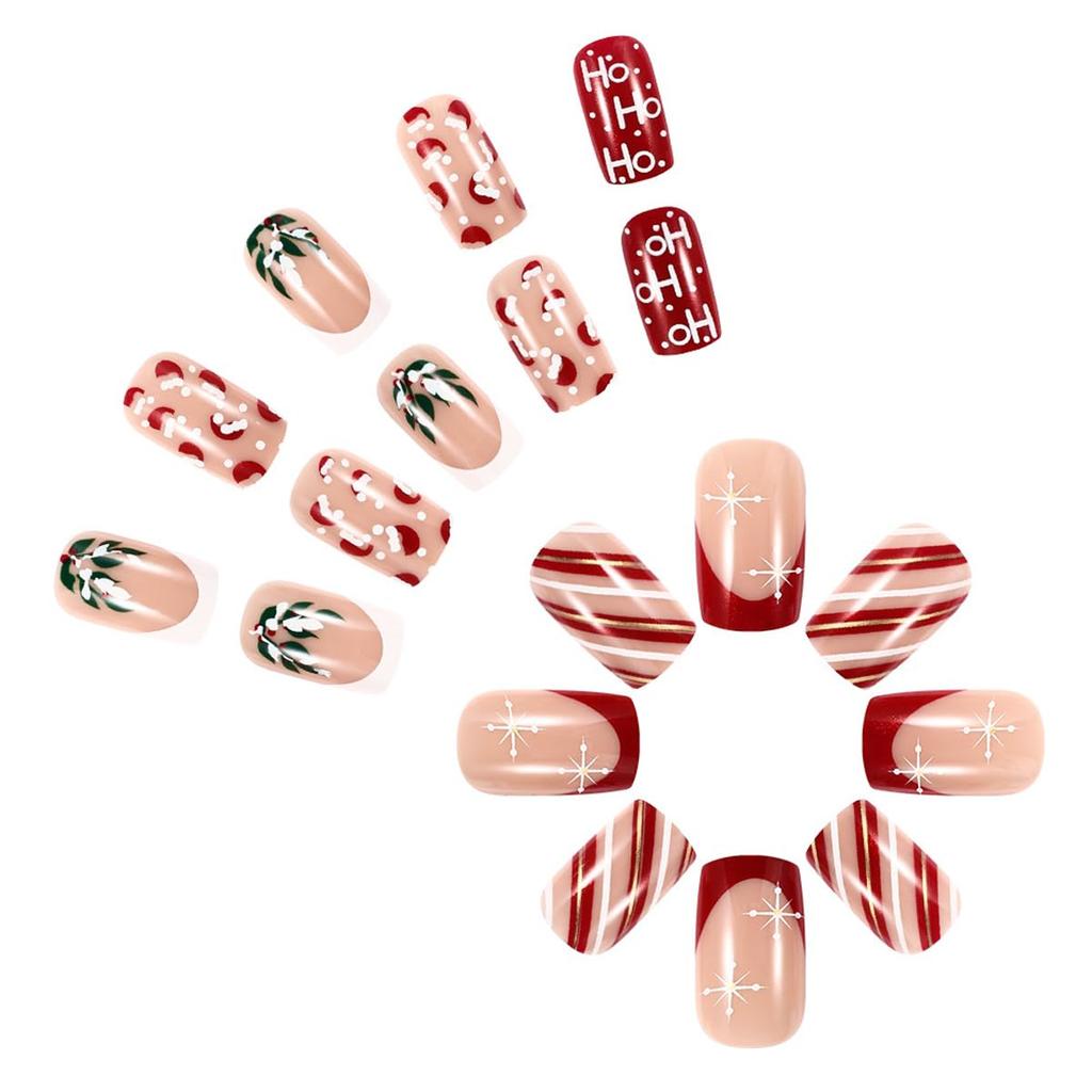 Christmas Press on Nails Medium Square Fake Nails Xmas Nails Press ons with Winterberry,Candy Cane,Snowflake,Santa Hat Design Reusable Artificial