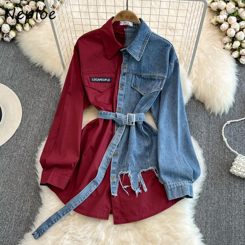 חולצות ג'ינס דש שרוולים ארוכים דקים מותניים חולצה בצבע ניגודיות חולצה רגילה באורך בינוני