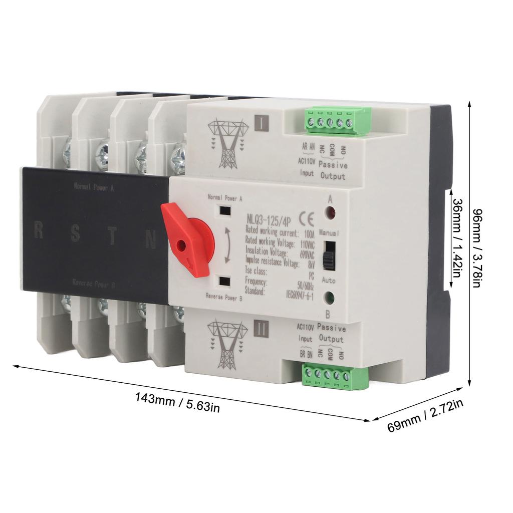 Dual Power Automatic Transfer Switch 4P Millisecond Fast Switching Controller AC110V 100A Mains Type
