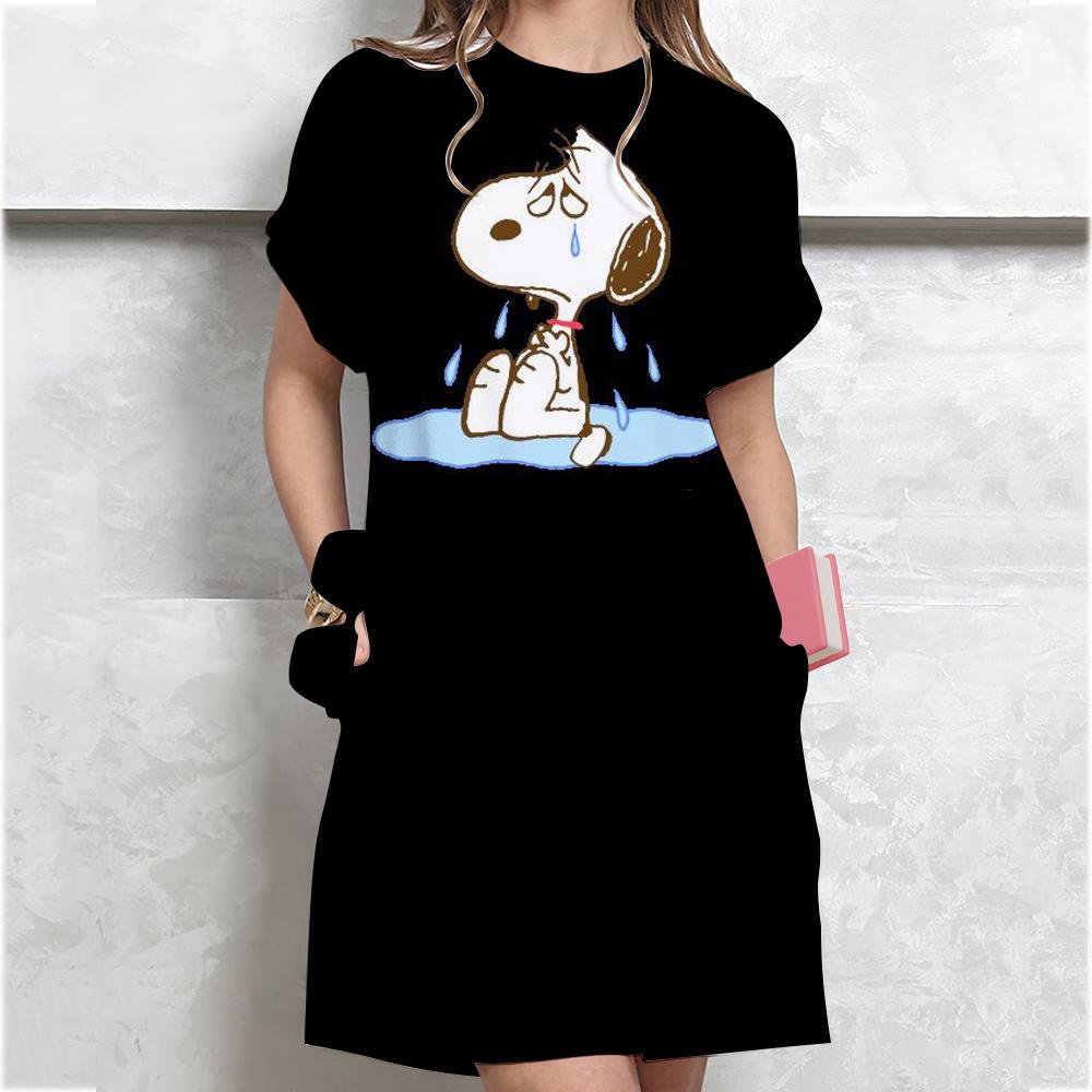

Жіноча вільна літня сукня з коротким рукавом великого розміру з принтом Snoopy, міні-сукня в стилі футболки, літня повсякденна вільна сукня M