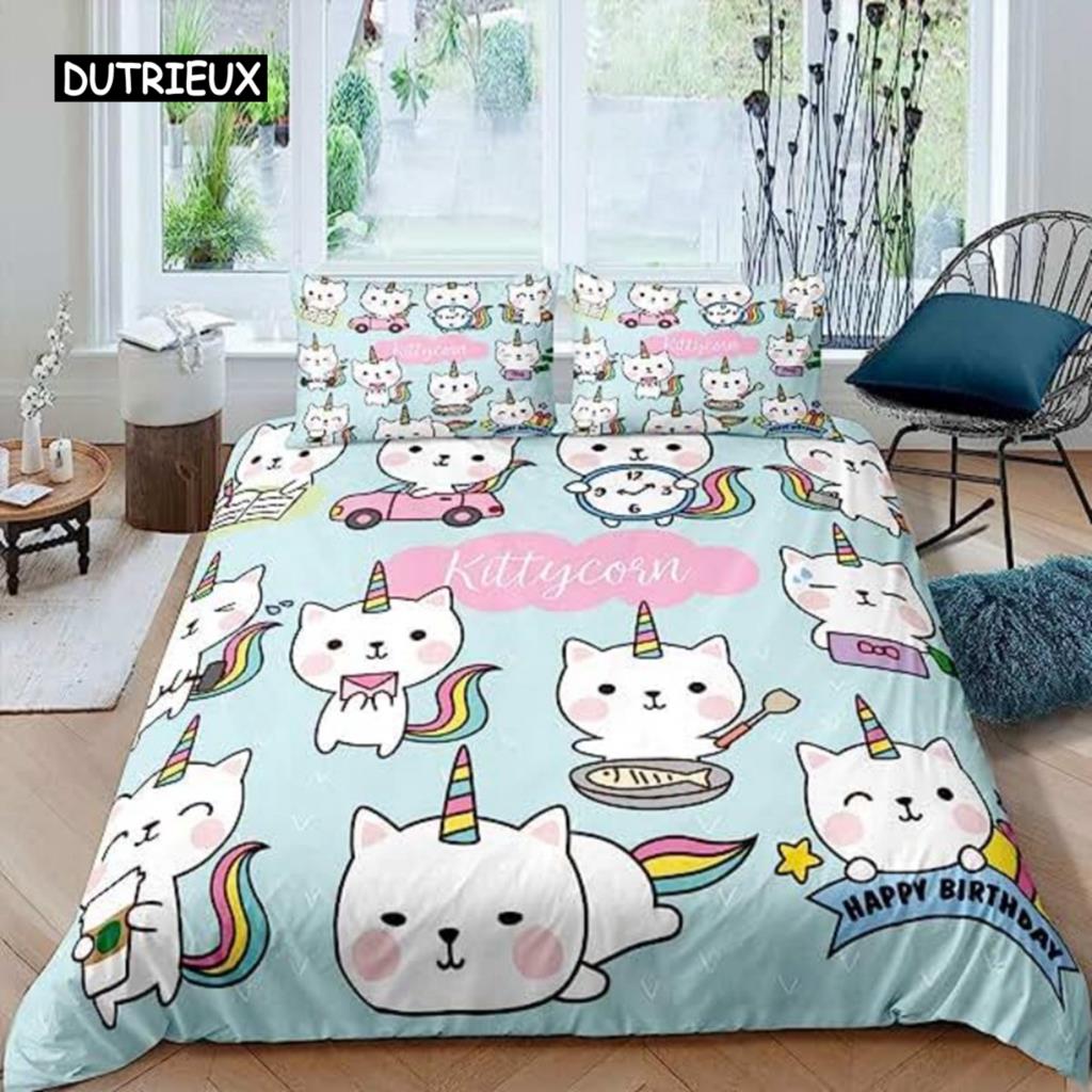 Cartoon Cats Green Duvet Cover Cute Cartoon Cats Pet Bedspread Printed Duvet Cover Set for Boys Girls for Room Decoration Gifts