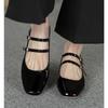 Fashion Spring Autumn Women Double Buckle Mary Janes Shoes Patent Leather Dress Square Head Square Heel Solid Color Women's Pumps