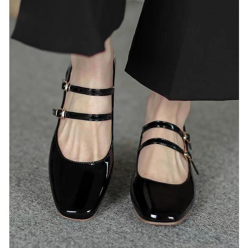 Fashion Spring Autumn Women Double Buckle Mary Janes Shoes Patent Leather Dress Square Head Square Heel Solid Color Women's Pumps