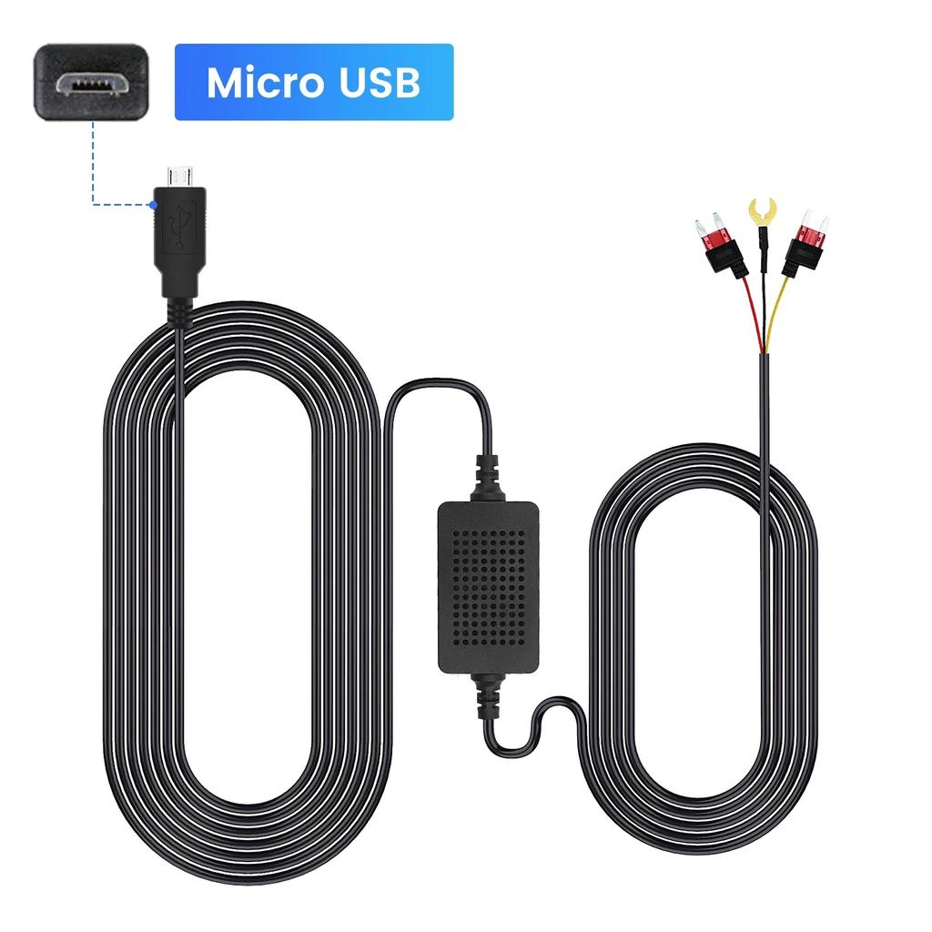 3A 3.5m Car Dash Cam Hardwire Kit - 12-24V Step-Down Power Cable with Mini/Micro/Type-C USB Interface for Dashcams