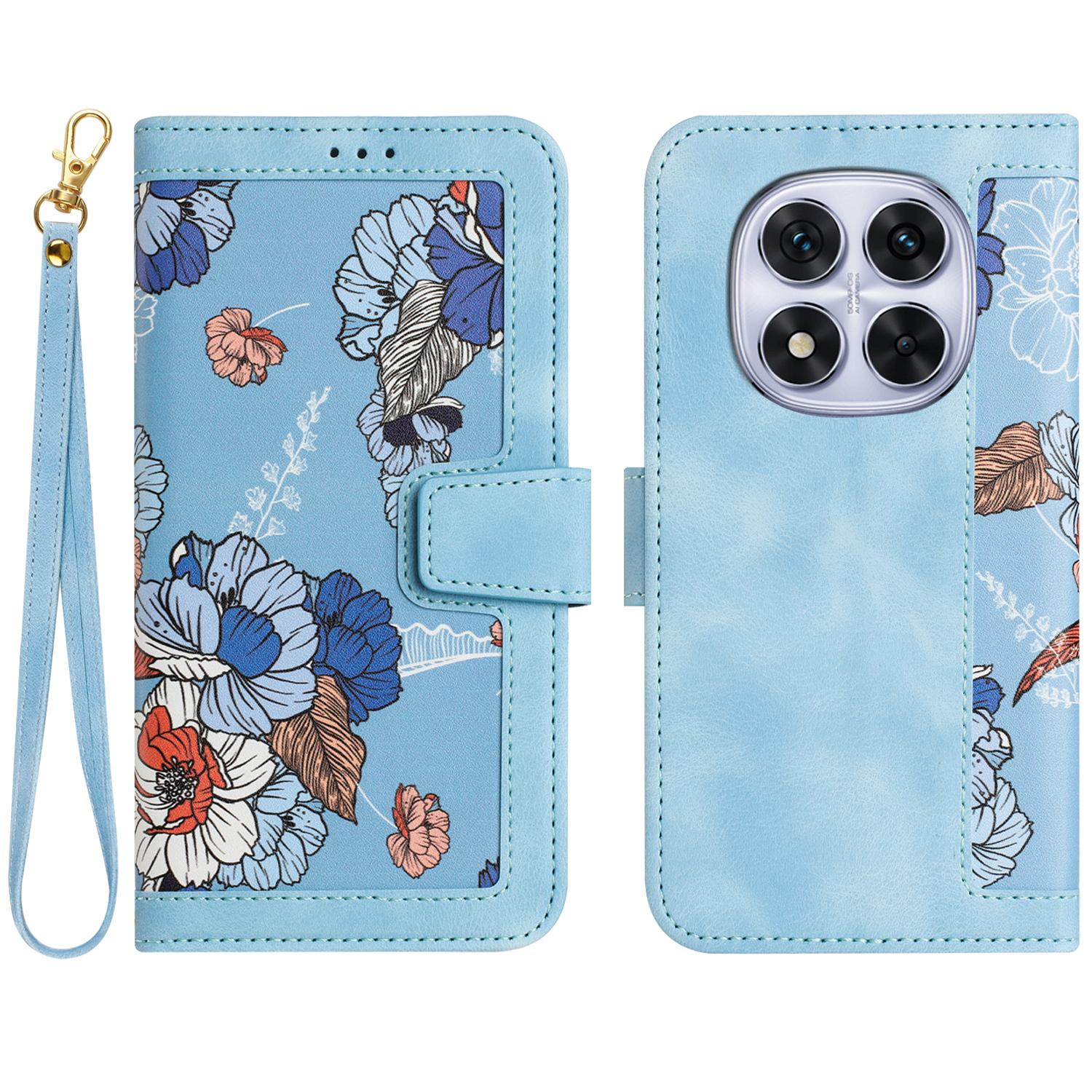 

For Xiaomi Redmi Note 14 Pro 4G Case PU Leather Floral Phone Cover with Card Slots/Wrist Strap A