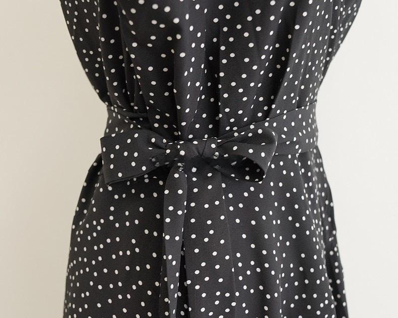 Women's Petite French Polka Dot V-Neck Long-Sleeve Belted Dress - Short Skirt for Spring & Autumn.