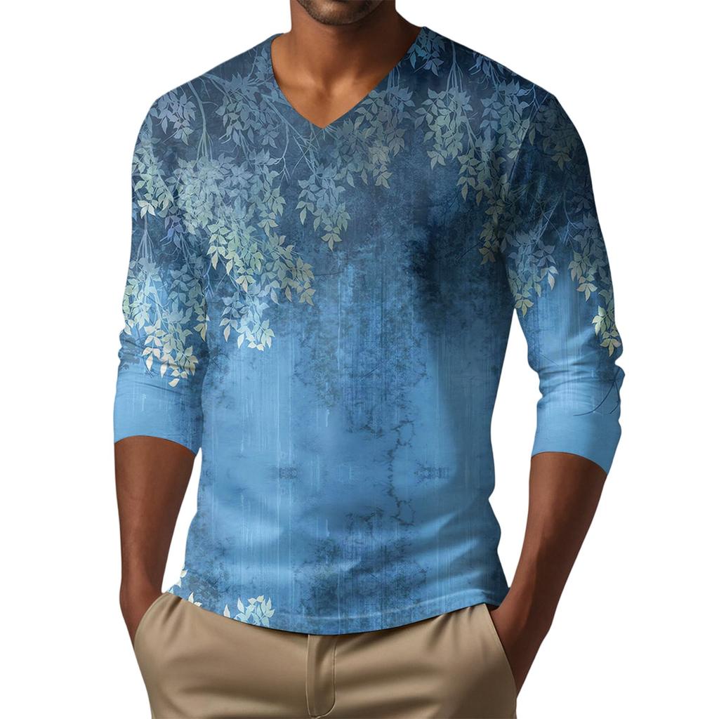 Pánské tričko s dlouhým rukávem s V-výstřihem, ležérní, módní, s potiskem