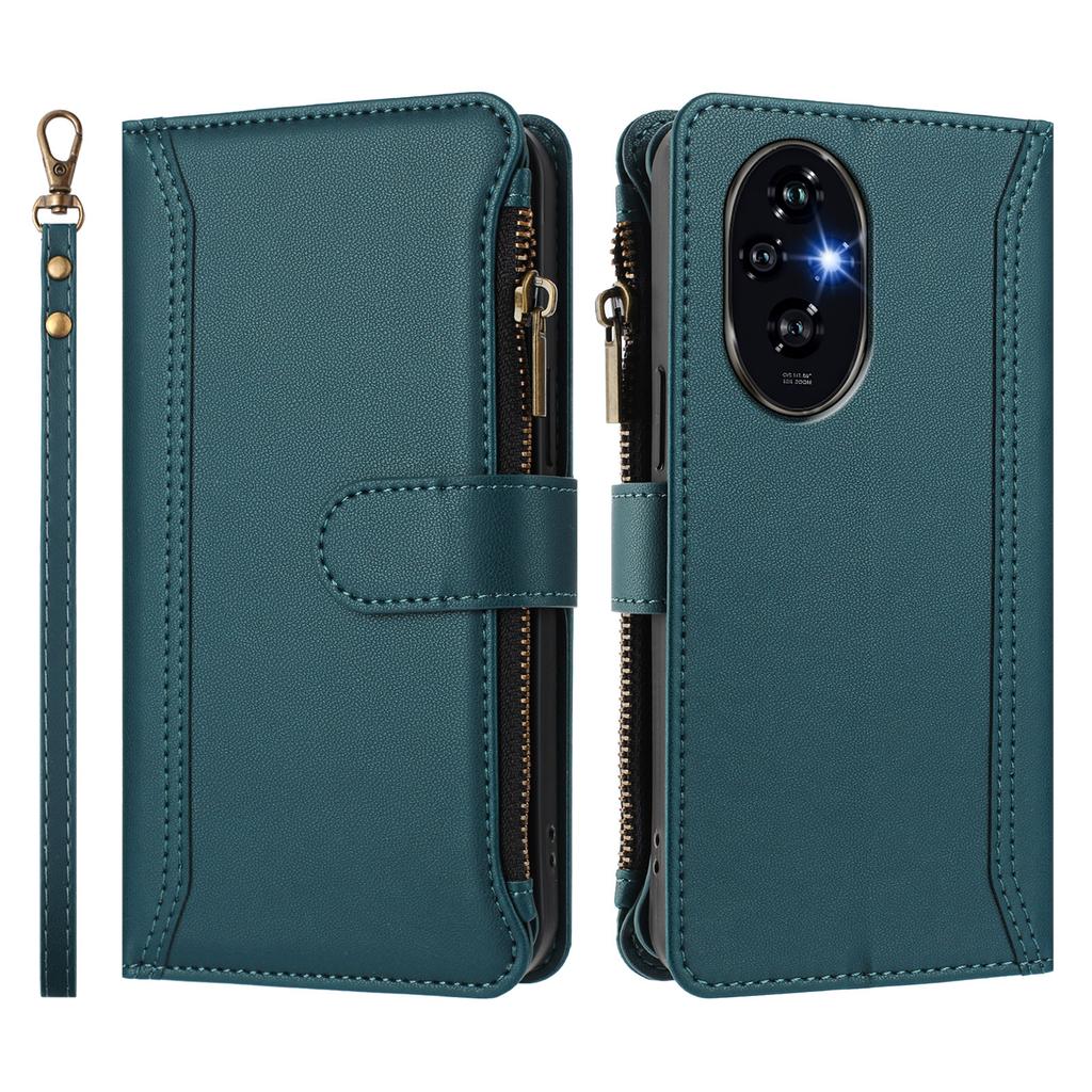 For Honor 200 Pro 5G Leather Case 9 Card Slots Zipper Wallet Stand Phone Cover with Wrist Strap