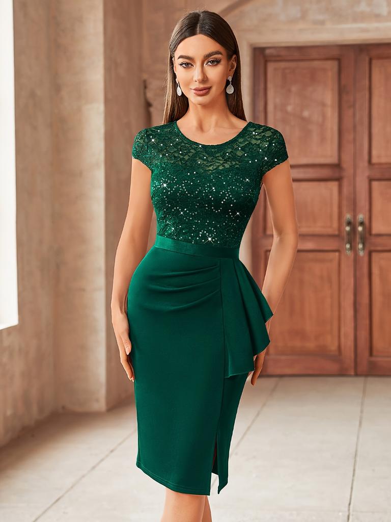 New Elegant High-Waisted Lace Bodycon Dress with Slit for Women