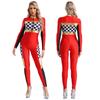 Womens Checkerboard Racing Jumpsuit Long Sleeve Plaid Romper Racer Driver Cosplay Costume