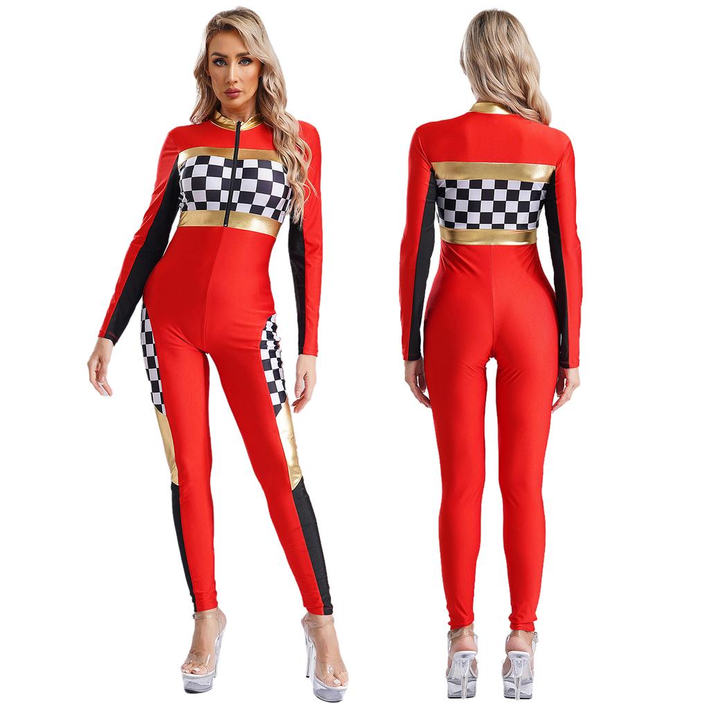 Womens Checkerboard Racing Jumpsuit Long Sleeve Plaid Romper Racer Driver Cosplay Costume