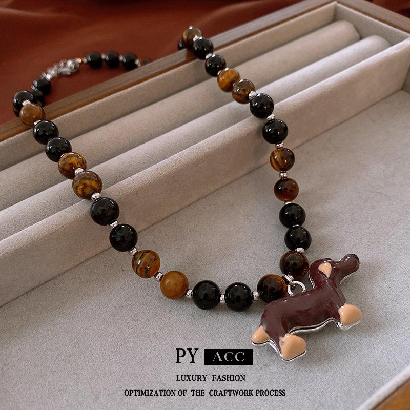 Cartoon Welpe Tigerauge Halskette: Koreanische Retro Vielseitige Pulloverkette High-End Schmuck für Frauen