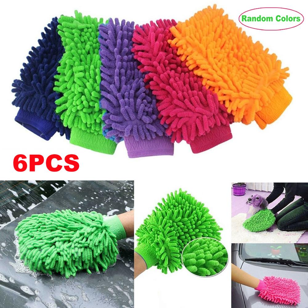 6Pcs Microfibre Car Wash Mitt Thick Noodle Soft Microfibre Glove Cleaning, Random Colors