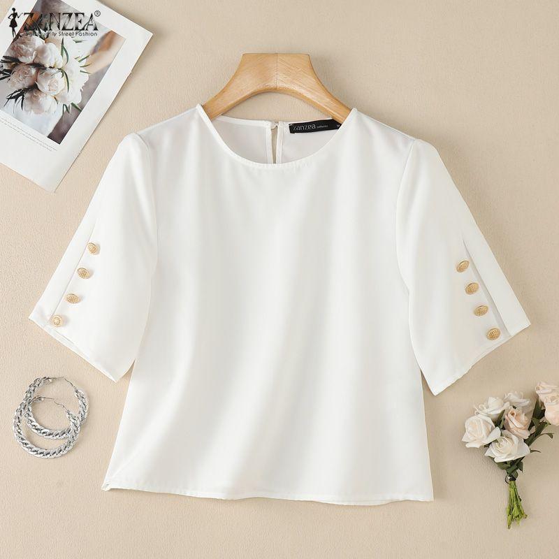 ZANZEA Women Casual Round Neck Solid Color Half Sleeve Blouse