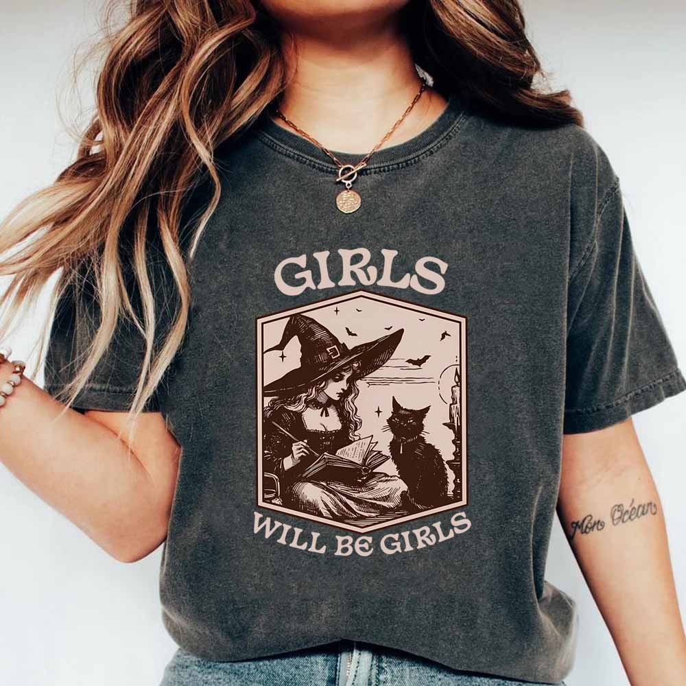 Girls Will Be Girls Witch Shirt Vintage Witch Shirt Halloween Black Cat Gothic Tee Aesthetic Y2k Tshirt Women Spooky Witchy Tops S