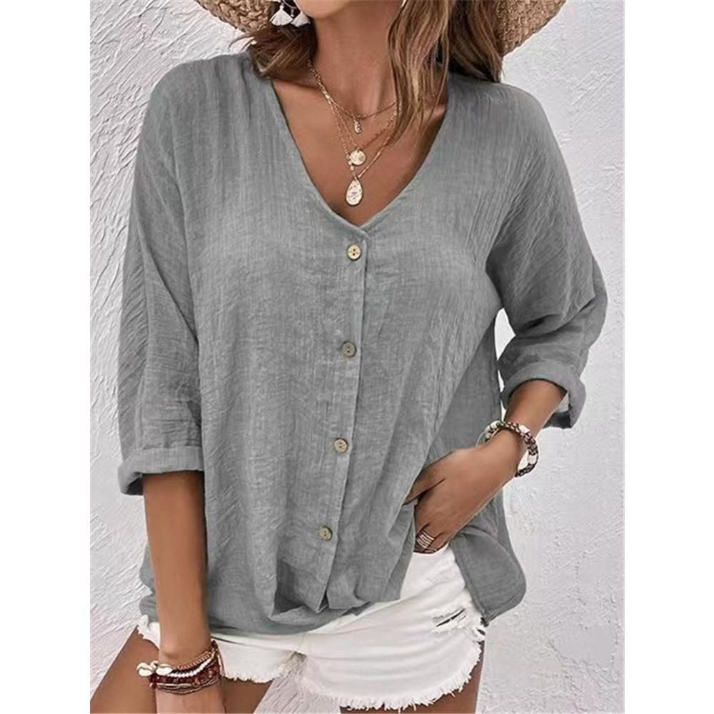 Women's V-Neck Three Quarter Sleeve Casual Loose Fit Button Down Blouse Shirt