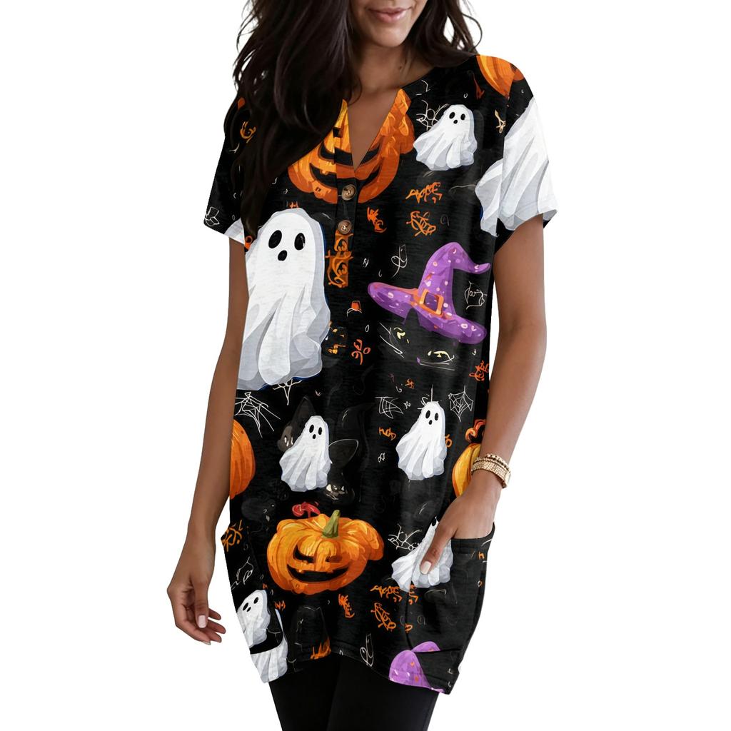Women's V Neck Pullover Dress Halloween Print Short Sleeve Pocket Casual Loose Fit Tunic Dress