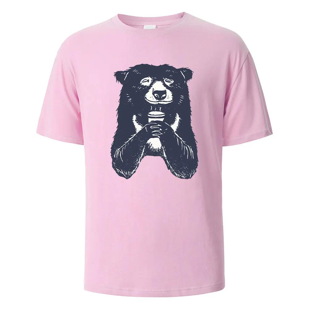 T-shirt à Imprimé Ours Buvant T-shirts d'Été Pour Hommes Femmes 100% Coton Col Rond Surdimensionné Décontracté Manches Courtes Streetwear Haut Basique