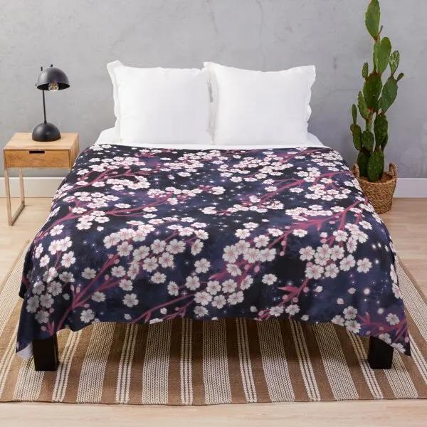 White Pink Cherry Blossom Flannel Throw Blanket Romantic Flowers King Queen Full Size For Living Room Sofa Couch Lightweight