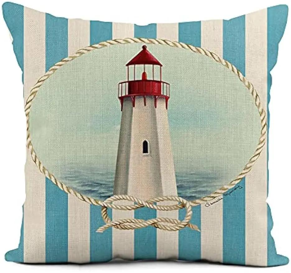 Linen Throw Pillowcase Lighthouse Sailing Sea Shell Home Dcor Pillowcase Square Cushion Cover Sofa Cushion Cover 45X45