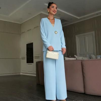 Cross-border Foreign Trade European Beautiful Woman 2026 Spring and Autumn Waist V-neck Long-sleeved Suit Top Femininity Wide-leg Pants Suit