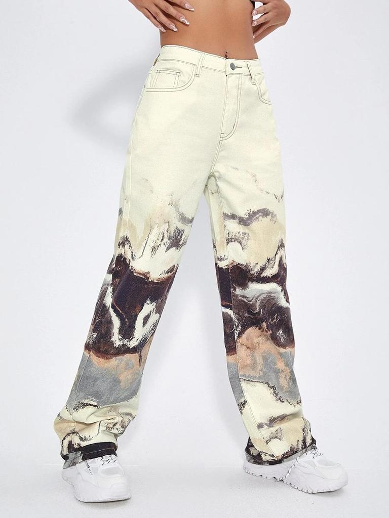 Pantalon en denim droit patchwork taille haute pour femme, effet dégradé – Collection Automne 2025