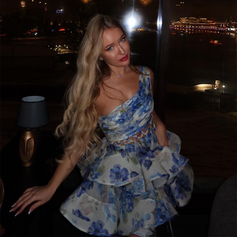 Printed Hollow Out Skew Collar Ruffled Hem Bubble Dress Women Backless High Waist Sleeveless Vacation Dresses Summer Street