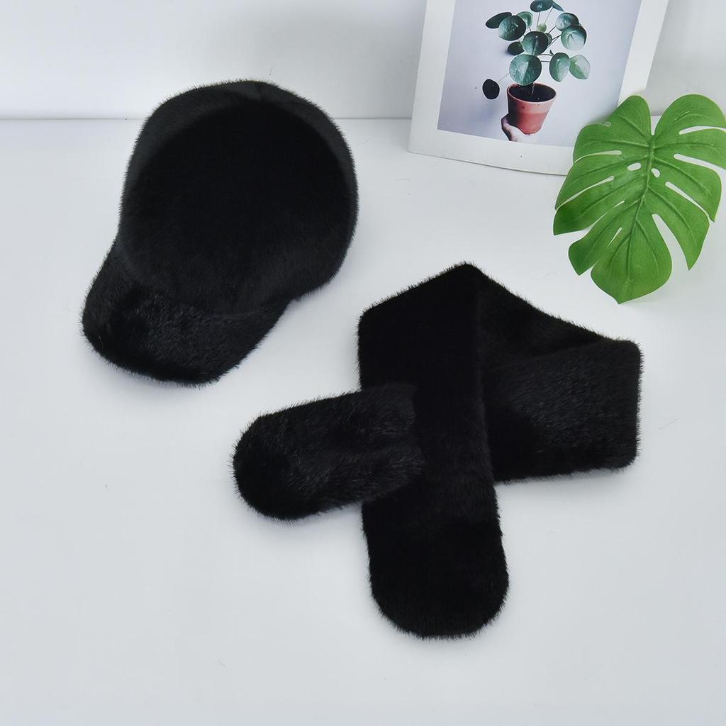 Autumn Winter Women's Faux Mink Fur Baseball Cap, Faux Fur Warm Hat Scarf Set 2Pcs, Outdoor Travel Lady Cap & Scarf Combo