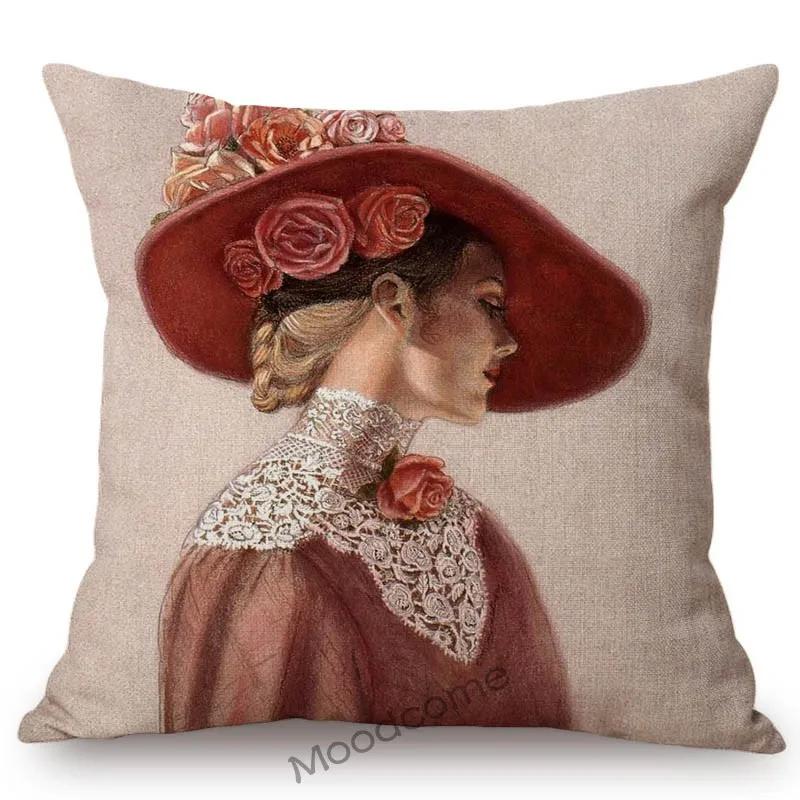 European Royal Court Victorian Era Lady Hat With Flower Elegant Sofa Throw Pillow Cover Classic Vintage Linen Decor Cushion Case