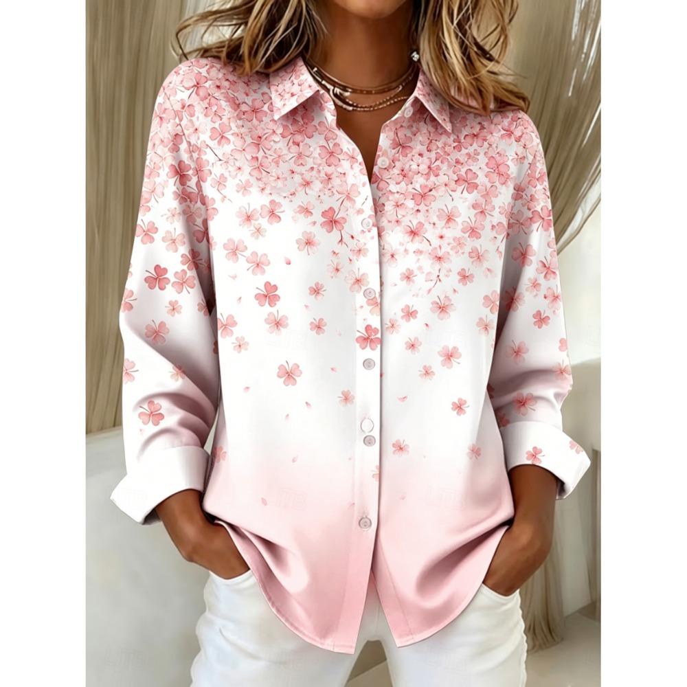 Women's Long Sleeve Ombre Clover Print Button Down Casual Shirt Elegant Daily Blouse Tops in White for Spring Summer