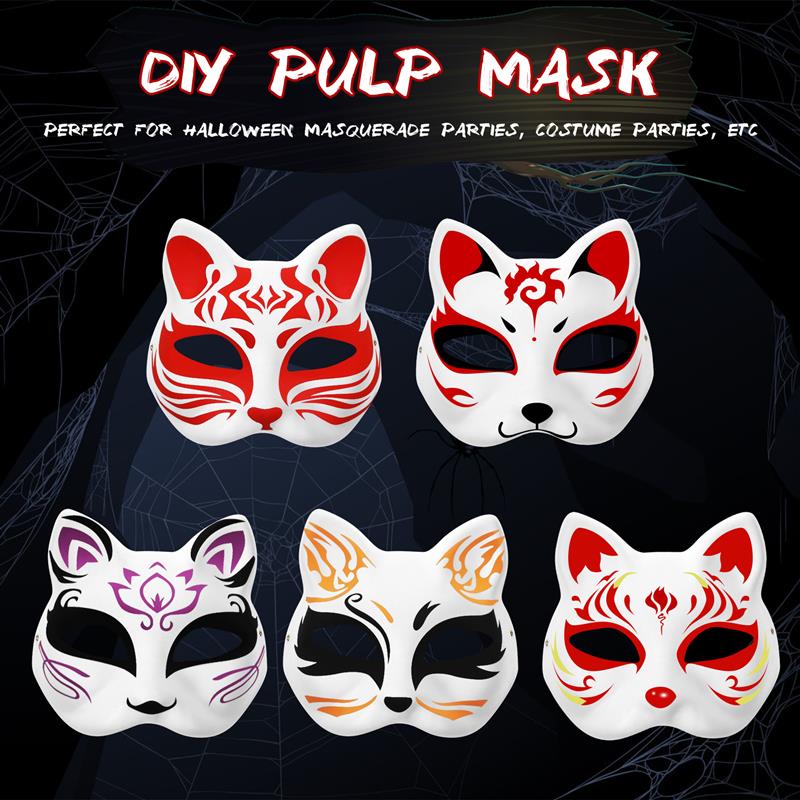 DIY Pappmaché Japanische Maske Halbgesicht Handbemalt Katze Weiße Maske Maskenball Halloween Festival Cosplay Requisite