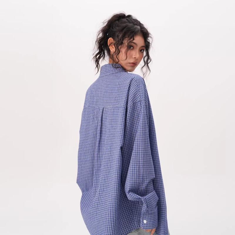 BWKA Unisex Amerikaans Retro Blauw Geruit Overhemd met Lange Mouwen