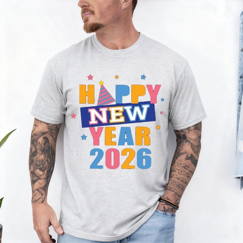 Happy New Year Colorful 2026 with Stars Adult TShirt Crew Neck Short Sleeve Cotton Top All Seasons Casual Fashion Comfortable