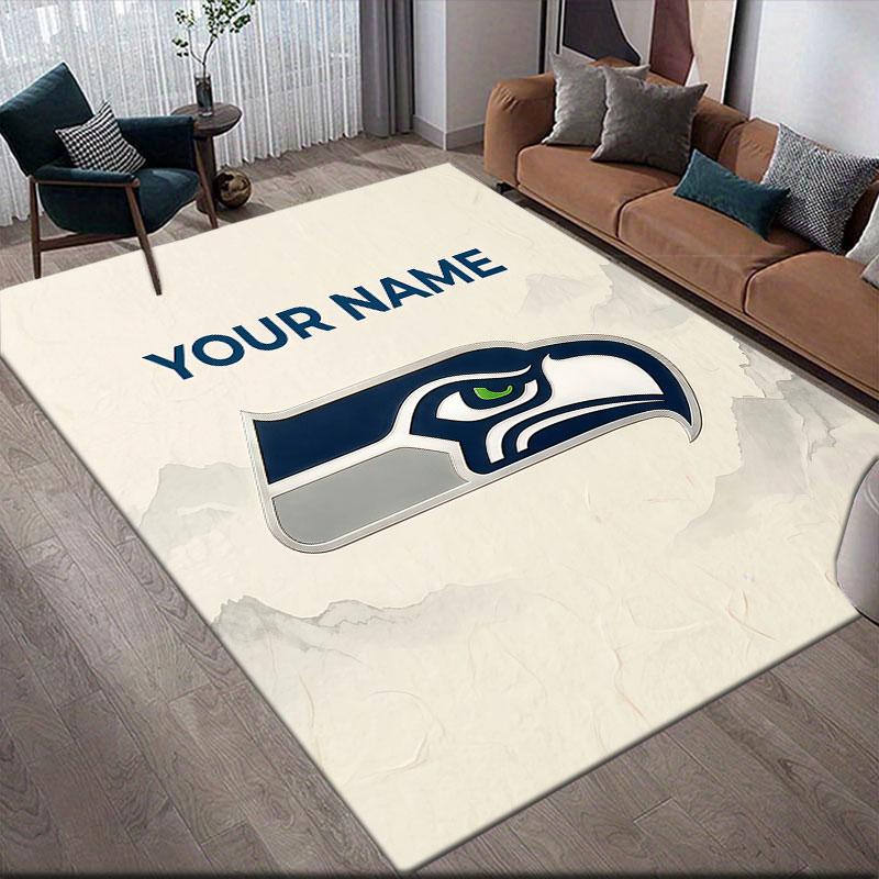 Custom Name,Seattle Seahawks Home Sofa Decoration for Living Room & Bedroom, Non‑Slip Play Flannel Floor Mat for Game Room