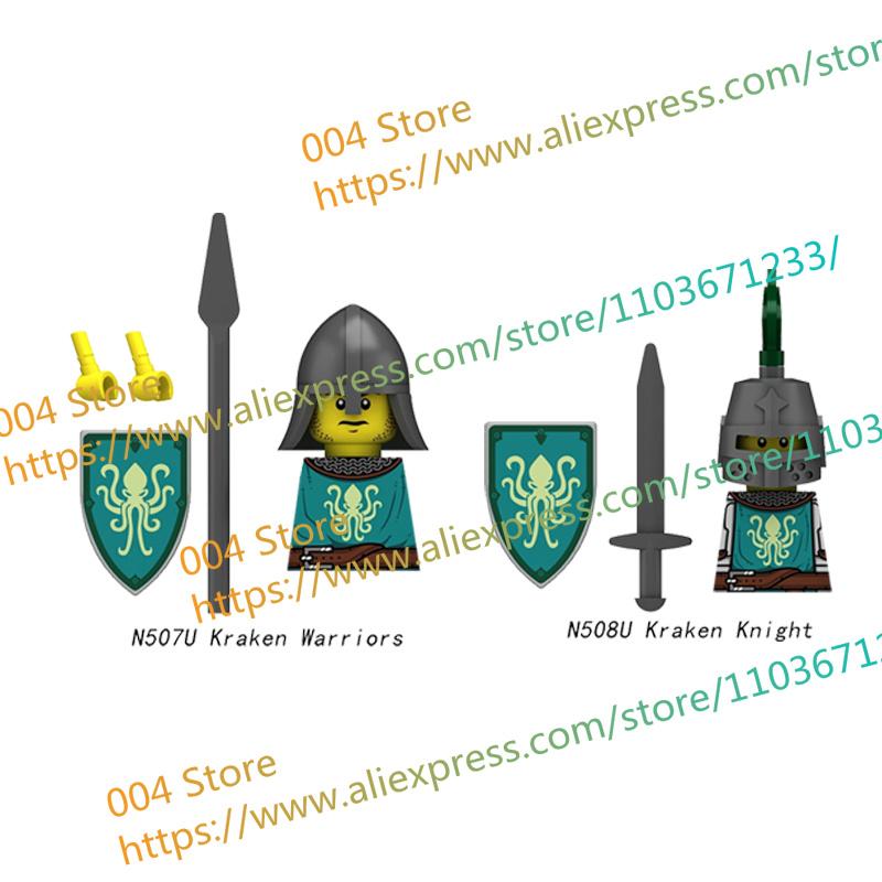 N511U-518U N335-337 Mittelalterliche Burg Ritter Bausteine Figuren Vierseitiger UV-Druck Waffen Zubehör Spielzeug Kindergeschenke F030